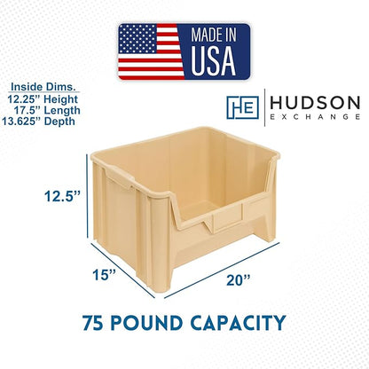 Hudson Exchange 20" x 15" x 12.5" (1 Pack) Plastic Giant Stackable Hopper Bin Container, Tan