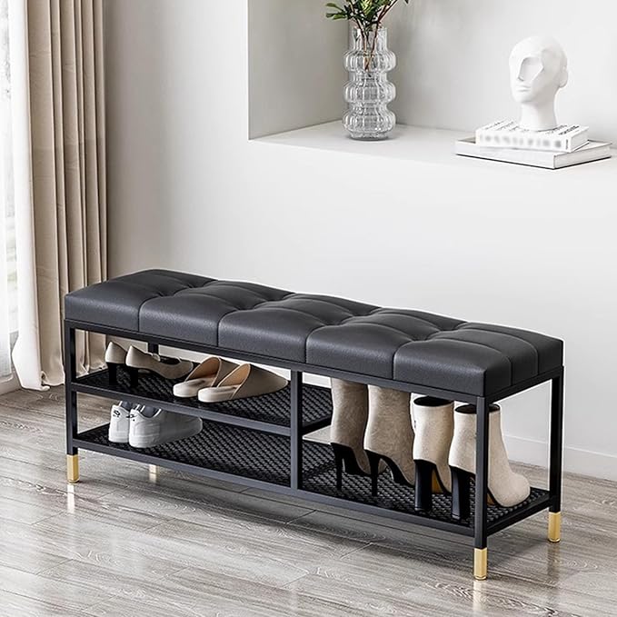 3 Tier Shoe Organizer for Entryway, Shoe Racks with Cushion, Black Metal Frame Hallway Bench for Living Room Bedroom,Black,80 x 32 x 47 cm