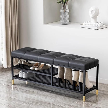 3 Tier Shoe Organizer for Entryway, Shoe Racks with Cushion, Black Metal Frame Hallway Bench for Living Room Bedroom,Black,80 x 32 x 47 cm