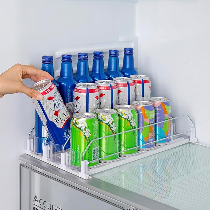 RULA Drink Organizer for Fridge, Width Adjustable Water Bottle Pusher Glide, Self-Pushing Soda Can Dispenser for Refrigerator - Holds up to 15 Cans (15" D, 3 Rows)
