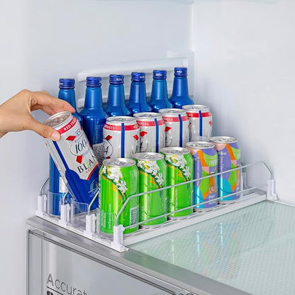 RULA Drink Organizer for Fridge, Width Adjustable Water Bottle Pusher Glide, Self-Pushing Soda Can Dispenser for Refrigerator - Holds up to 15 Cans (15" D, 3 Rows)