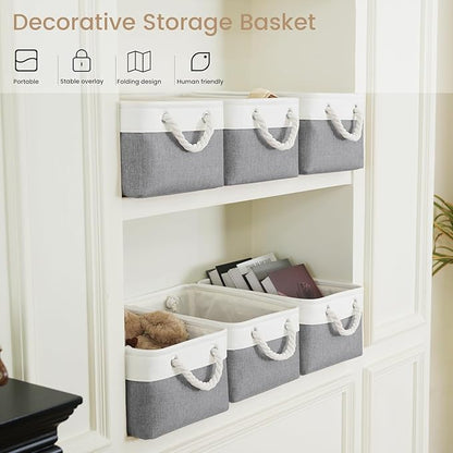 Storage Baskets for Shelves 13.8x9.8x6.7 Inch, Foldable Fabric Storage Bins with Handles, Small Storage Baskets for Organizing Closet, Office, Home Organization (3-Pack, White&Gray)
