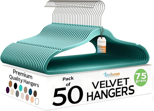 Techzoo 50 Pack New Premium Quality Velvet Hangers Ultra Thin Non Slip Adult Felt Space Saving Hangers for Closet Heavy Duty Coat Pants Dress Hangers 360° Swivel Hook Hold Upto 10 lbs Teal