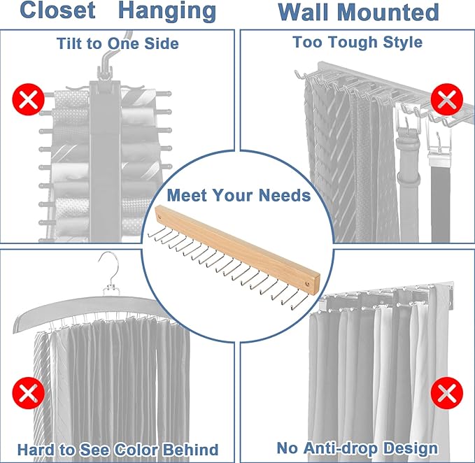 Belt and Tie Organizer for Closet, Tie and Belt Rack Wall Mounted with 20 Storage Hooks, Non Slip 180 Degree Rotating Tie Holder Belt Hanger for Closet / Wall Mount