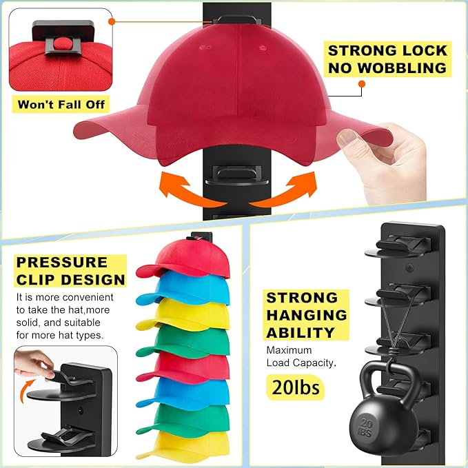 2 Pack MultiLayer Hat Organizer for Baseball Caps, Holds 16 Hats, Hat Hook for Wall, Dual Mount (Adhesive/Screws), Space Saving Cap Organizer for Walls & Doors