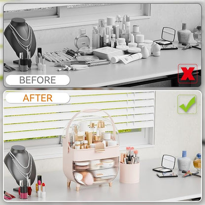 Yieach Countertop Makeup Organizer With Lid,Large Skincare Organizers With 2 Drawers,Dustproof Cosmetic Display Cases for Bathroom,Dresser,Lotion,Beauty,Skin Care Holder,Makeup Storage Organizer,Pink