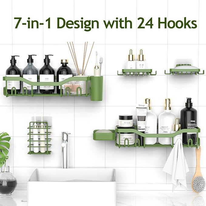NESOMI Shower Caddy Adhesive Shower Organizer 7-Pack, Rustproof Stainless Steel Bathroom Shelves, Large Capacity No-Drill Rack Storage Accessories with Soap Dish Toothbrush Holder Hooks
