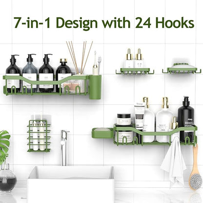NESOMI Shower Caddy Adhesive Shower Organizer 7-Pack, Rustproof Stainless Steel Bathroom Shelves, Large Capacity No-Drill Rack Storage Accessories with Soap Dish Toothbrush Holder Hooks