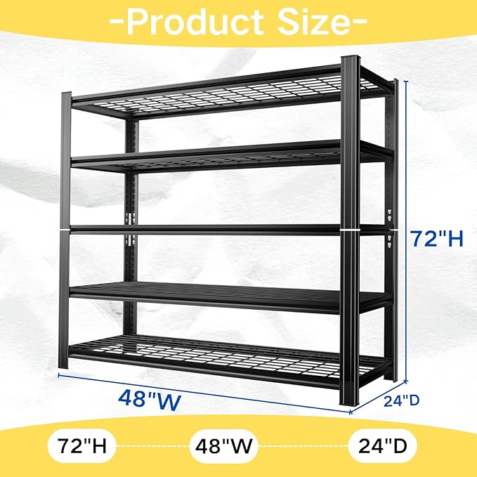 48''W Metal Wire Shelving Rack Heavy Duty, 5 Tier Adjustable wire storage shelf, 72''H Industrial Unit, 3300 Lbs Capacity Storage Shelves for Garage Kitchen Pantry Basement Bathroom Laundry Closet