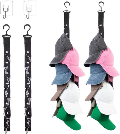 Hat Organizer Baseball Caps Rack Hangers 2PCS Door Hat Racks with 8 Stainless Steel Clips Cap Wall Holder Closet Storage Organizer Over Door Wall Caps Storage Hangers Black