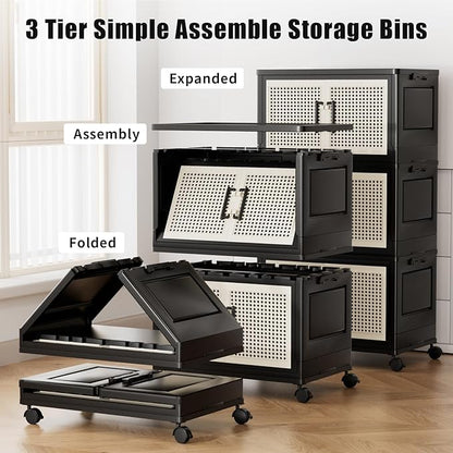 Storage Bins with Lids, Stackable Storage Containers with Lids, Collapsible Plastic Bins, Closet Organizers and Storage with Wheels and Magnetic Door for Home Office Dorm (3 Pack)