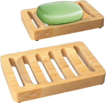 2 Pack Wooden Soap Holder Bamboo Soap Dish for Shower with Self Draining Tray Natural Bar Soap Holder and Soap Saver for Bathroom Kitchen Sink