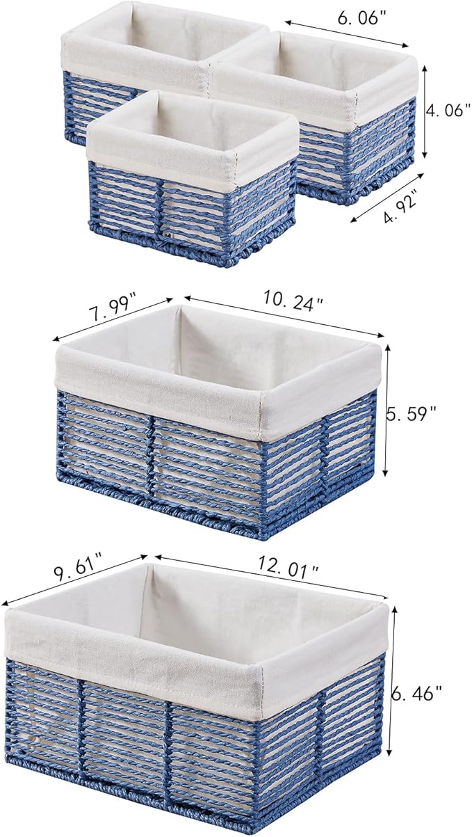 Vagusicc Wicker Storage Basket, Hand-Woven Paper Rope Wicker Baskets, Rectangular Small Wicke Baskets for Organizing, Cube Storage Bins for Closet/Clothes/Dresser, Blue, 5-Pack