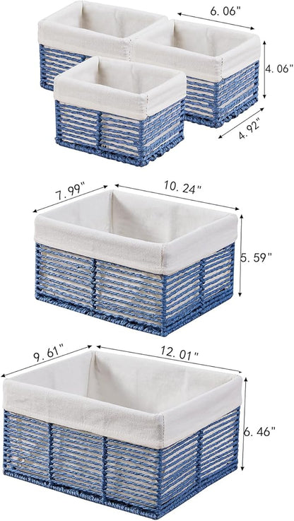 Vagusicc Wicker Storage Basket, Hand-Woven Paper Rope Wicker Baskets, Rectangular Small Wicke Baskets for Organizing, Cube Storage Bins for Closet/Clothes/Dresser, Blue, 5-Pack