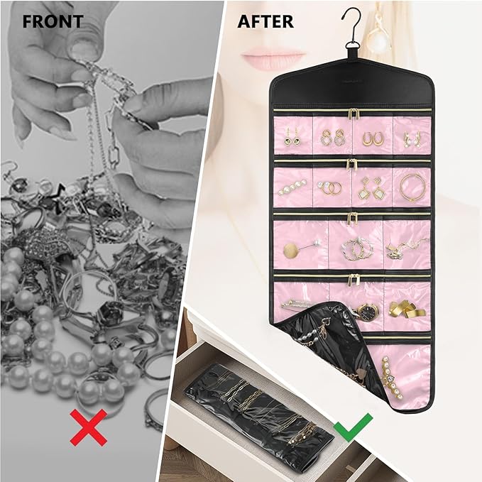 CHICECO Travel Jewelry Holder Organizer,Hanging Jewelry Organizer Storage with Zippered Pockets for Cloest,Jewelry Holder for Earrings, Necklaces (Pink Black)