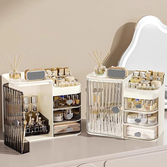 DASITON Makeup Organizer for Vanity,Large Capacity Makeup Storage Organizer with 3-Layer Drawers and Mirror,Cosmetics Display Case Make up Organizers for Vanity,Bedroom,Countertop(Clear-Cream)