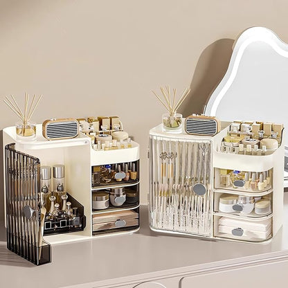 DASITON Makeup Organizer for Vanity,Large Capacity Makeup Storage Organizer with 3-Layer Drawers and Mirror,Cosmetics Display Case Make up Organizers for Vanity,Bedroom,Countertop(Clear-Cream)