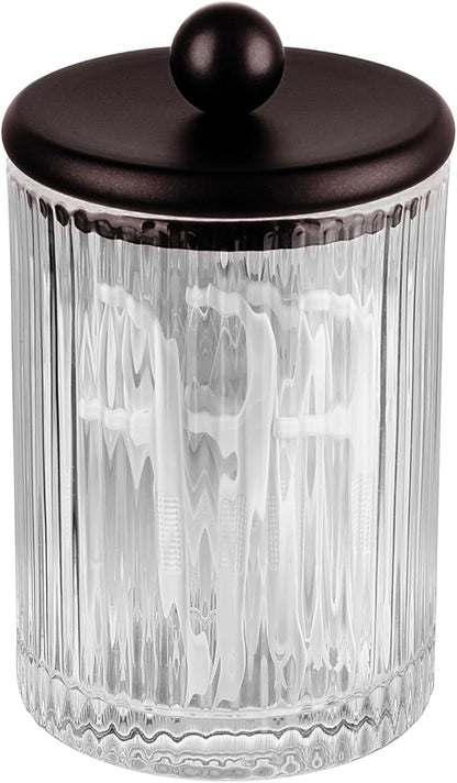 SheeChung 1Pack Glass Qtip Holder - Apothecary Jar Bathroom Organizer with Metal Lid - Small Vanity Canister for Cotton Swabs, Rounds, Floss Picks - Bathroom Glass Jar（Bronze Ribbed）