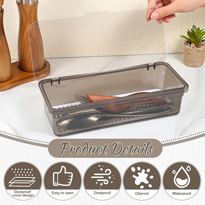 3Pcs Flatware Tray with Lid and Drainer Silverware Tray Kitchen Dinnerware Holder Box Utensil Storage Container Drawer Organizer for Home and Travel