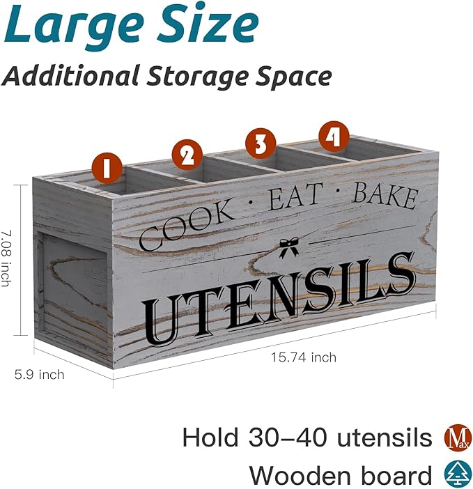 Suli Extra Large Kitchen Utensils Holder with 4 Compartments, Wooden Utensil Organizer for Kitchen Countertop, Farmhouse Decor, Rustic Cooking Utensil - Grey grain