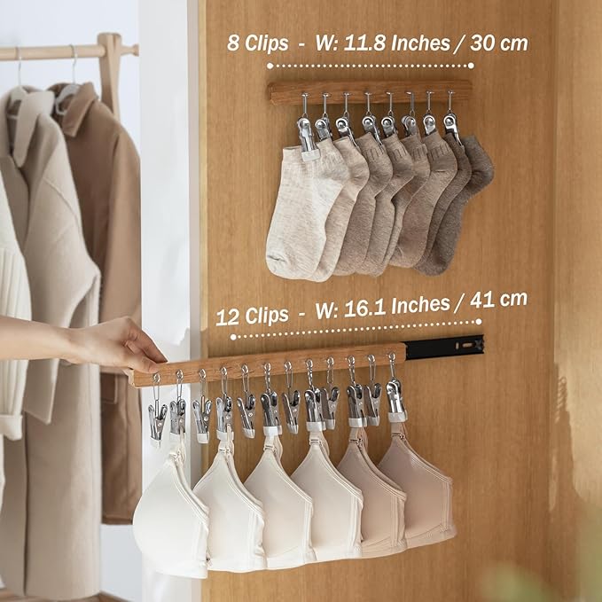 Pull Out Hat Rack for Closet, Sliding Hooks Hanger Rack with Clips for Bras Caps Underwear Socks Scarves Gloves Handkerchiefs, Dual Side 12 Clips Rail, 2 Pcs