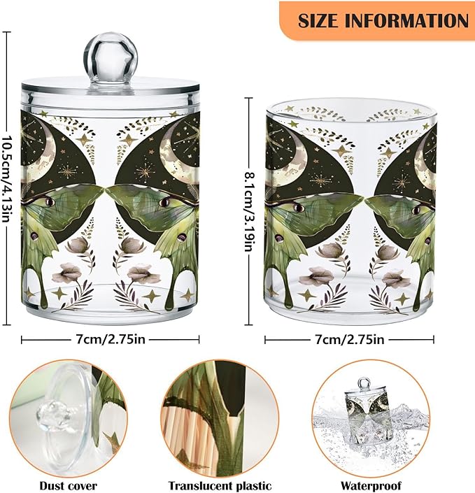 2 Pack Qtip Holder Dispenser for Cotton Ball Luna Moth Moon Swab Round Pads Clear Plastic Acrylic Jar Set Bathroom Canister