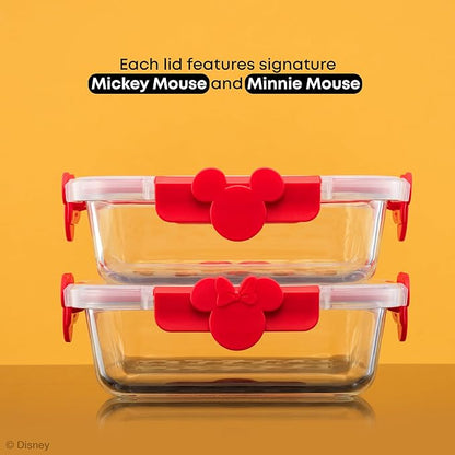 JoyJolt Disney Mickey & Minnie Glass Food Storage Containers with Lids, 2x Airtight Borosilicate Glass Storage Containers with Lids for Kitchen, Reusable Lunch Meal Prep Container, Disney Gifts | Red