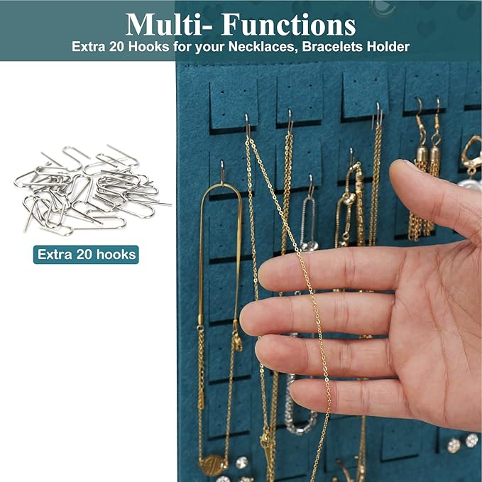 Resovo Hanging Earrings Organizer, Wall Earring Holder with 20 Hooks, Holds Up To 300 Pairs, Compact Design, Soft Material-Dark Green
