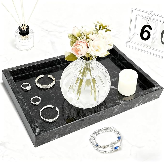Pure Natural Marble Tray for Bathroom, Dresser, Sink. Cosmetics, toiletries, perfumes, Jewelry, Candles, etc. can be Placed (Ocean Wave Gray, 12" x 8" x 1.2")