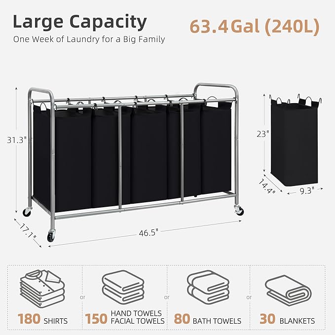 STORAGE MANIAC 5 Section Laundry Sorter, 5 Bins Rolling Separator Laundry Basket, Dirty Clothes Hamper Divider with Heavy Duty Rolling Lockable Wheels, Large Clothes Organizer Cart, Black