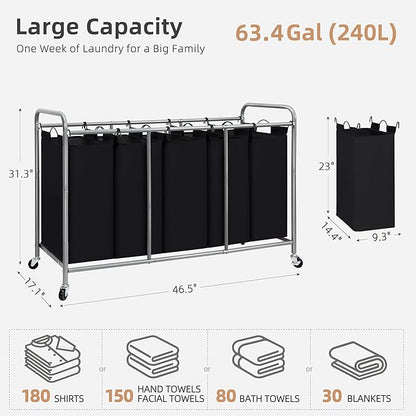 STORAGE MANIAC 5 Section Laundry Sorter, 5 Bins Rolling Separator Laundry Basket, Dirty Clothes Hamper Divider with Heavy Duty Rolling Lockable Wheels, Large Clothes Organizer Cart, Black