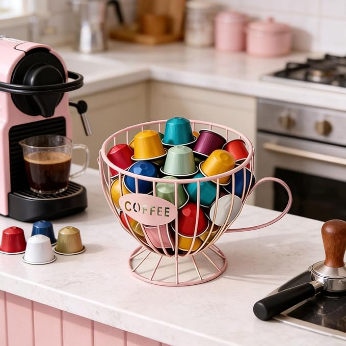 Coffee Pod Holder, Large Capacity K Cup Holder Coffee Capsule Storage Basket Tea Organizer for Countertop Kitchen Bar (Pink)