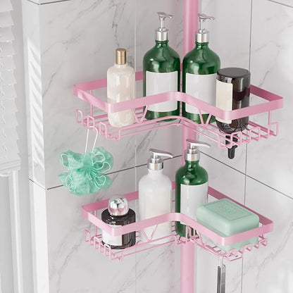 DAOYA Corner Shower Caddy Tension Pole - Pink - Rustproof Adjustable Bathroom Organizer Shelf for Shampoo, 25–114.2 Inch Shower Rack for Renters, Apartments