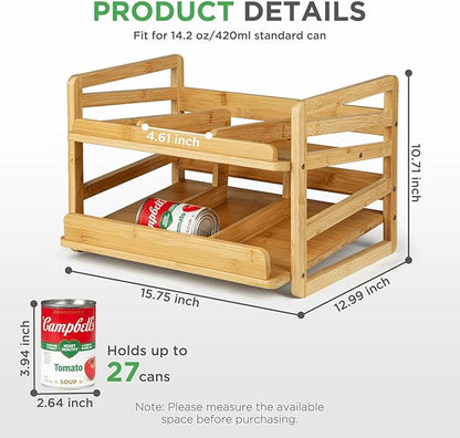 Bamboo Rolling Can Organizer for Pantry, Stackable 2 Tier Canned Food Organizer Rack for Storage, Kitchen Cabinet, Can Holders Dispensers for Pantry Up To 27 Cans