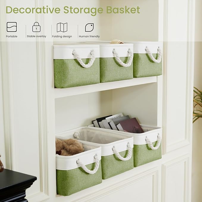 Storage Baskets for Shelves 13.8x9.8x6.7 Inch, Foldable Fabric Storage Bins with Handles, Small Storage Baskets for Organizing Closet, Office, Home Organization (6-Pack, White&Green)