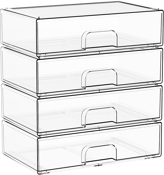 Yieach 12.2''W Clear Stackable Storage Drawers,4 Pack Acrylic Drawers,Bathroom Organizer Bin and Plastic Makeup Organizer,Clear Stacking Brightroom Storage Boxes for Vanity,Cabinet,Pantry Organization