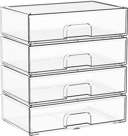Yieach 12.2''W Clear Stackable Storage Drawers,4 Pack Acrylic Drawers,Bathroom Organizer Bin and Plastic Makeup Organizer,Clear Stacking Brightroom Storage Boxes for Vanity,Cabinet,Pantry Organization