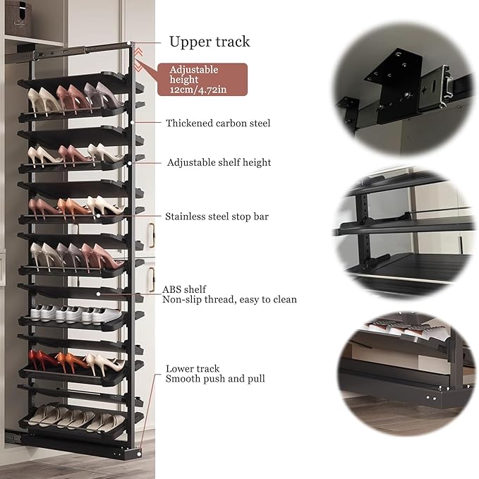 Pull-Out Shoe Rack Organizer for Closet Shoe Cabinet,Adjustable Height Retractable Metal Stackable Shoe Rack, Vertical Shelf Organizer for Small Bedroom Closet, Space Saving Storage, Black(72cm,10 Tie