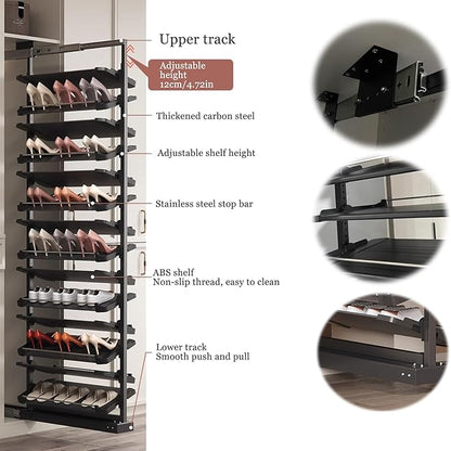 Pull-Out Shoe Rack Organizer for Closet Shoe Cabinet,Adjustable Height Retractable Metal Stackable Shoe Rack, Vertical Shelf Organizer for Small Bedroom Closet, Space Saving Storage, Black(72cm,10 Tie