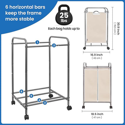 STORAGE MANIAC Laundry Sorter 2 Section, 90 L Gal Laundry Hamper with Wheels, Clothes Basket Separator Sorter, 2 Bag Clothes Cart with Wheels and Removable Bags for Closet, Dorm, Collage, Beige