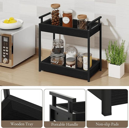Bathroom Organizer Countertop, 2 Tier Wooden Vanity Counter Organizer, Decorative Tiered Bathroom Shelf for Storage, Coffee Bar Makeup Perfume Caddy, Black