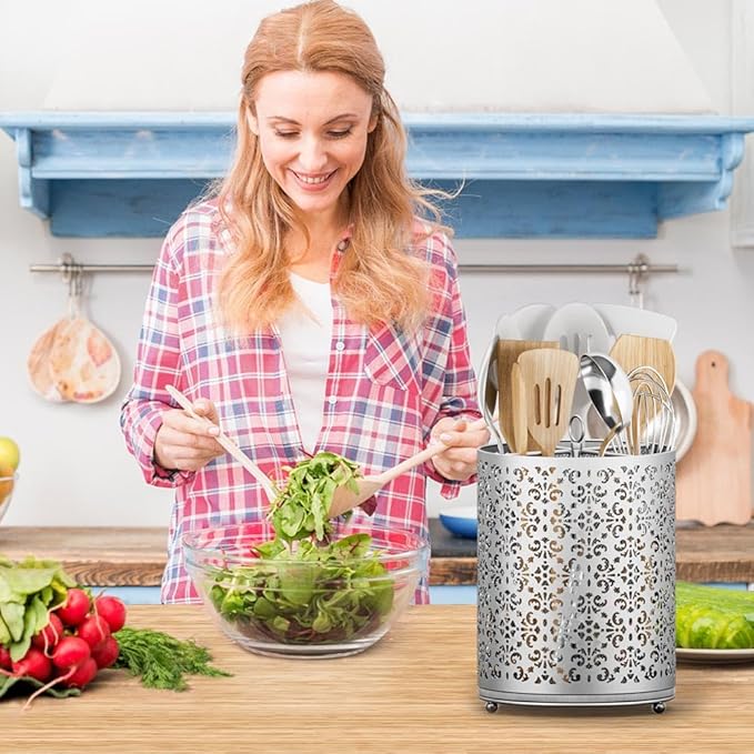 YIUKEA Extra Large Utensil Holder - 360° Rotating Cooking Utensils Caddy Countertop Organizer with Instant-Dry and Removable Base for Kitchen Tools