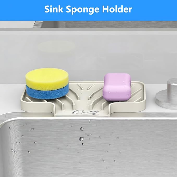 Sponge Holder for Kitchen Sink, Dish Sponge Holder & Soap Tray with Drain, Bathroom Sink Sponge Drying Rack & Perfect Organizer for Dispenser,Bottle,Cup on Sinks or Counter(8"x 4"Cream)