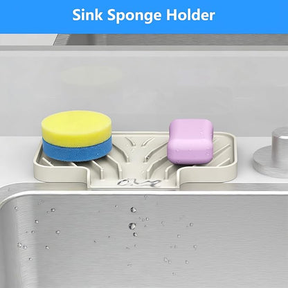 Sponge Holder for Kitchen Sink, Dish Sponge Holder & Soap Tray with Drain, Bathroom Sink Sponge Drying Rack & Perfect Organizer for Dispenser,Bottle,Cup on Sinks or Counter(8"x 4"Cream)