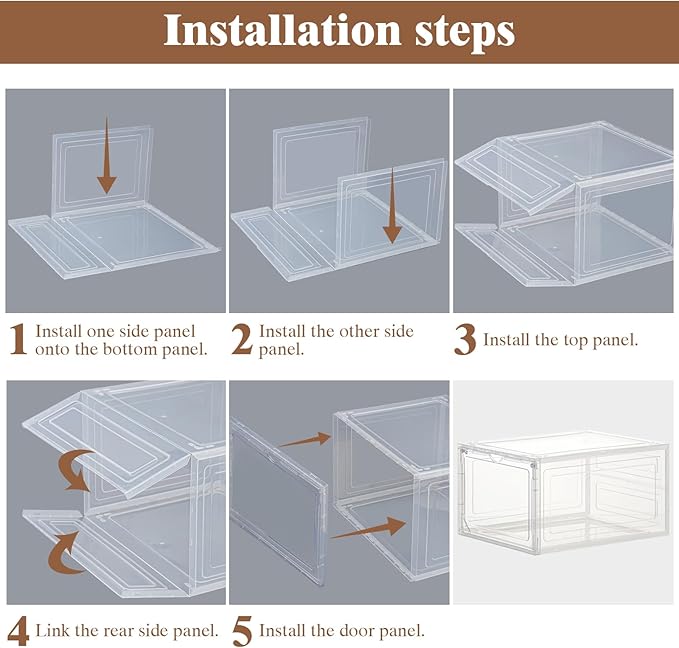 X-Large Shoe Storage Boxes Organizers Clear Plastic 6 Pack, Shoe Rack & Holder Sneaker Container with Magnetic Doors - Display Case Fit Size 12, Easy Assembly