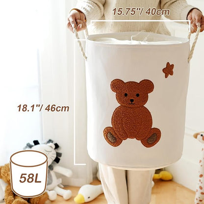 Large Laundry Basket Tall Baskets Storage for Dirty Clothes, Toys Storage Bins Baby Hamper 58L Clothes Hamper Blanket Basket Baby Toys Organizer for Nursery Bedroom Living Room Decor, Bear