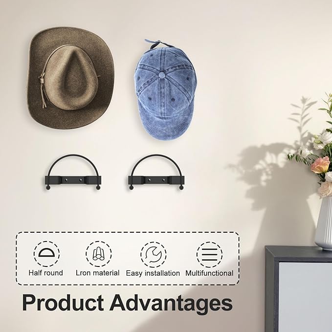4 Pack Cowboy Hat Rack, Wall Mount Cowboy Hat Holder, Hat Hooks for Wall, Wide Brim Western Hat Hanger Organizer for Baseball Caps Display, Non-Damage Brim Design, Wall Decor Western Decor
