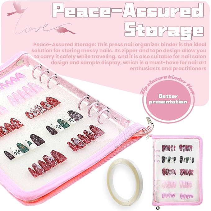 Press On Nail Storage Organizer with 4 Insert Pages - A5 Size Portable False Nail Storage Box for Collecting and Organizing Tips with Tape and Zipper Pocket (Pink)