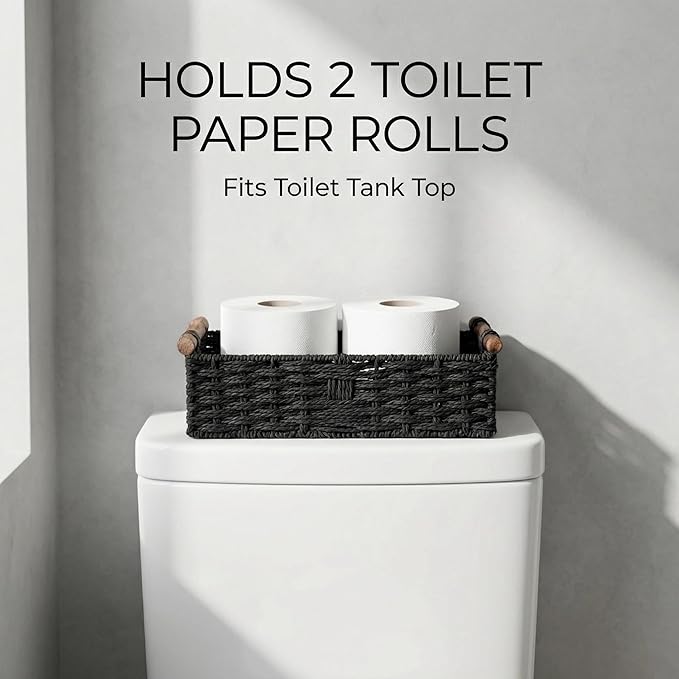 Black Woven Bathroom Basket with Wood Handles — Toilet Paper Storage Organizer for Back of Toilet, Paper Rope Wicker Basket, Boho Bathroom Decor Tray for Countertop or Tank Top