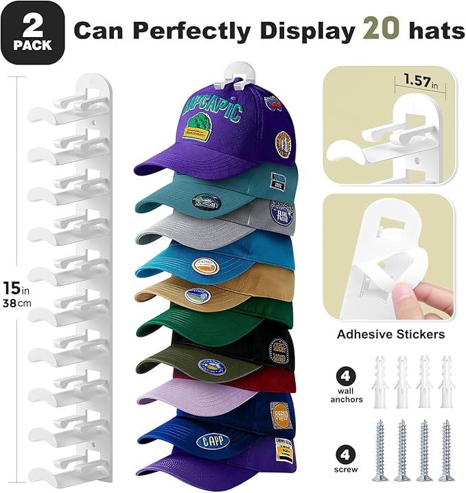 2 Pack Hat Organizer for Baseball Caps, Hat Rack for Wall Hold Up to 20 Hats, Hat Holder with Strong Adhesive and Screws, Hat Organizer Wall Mounted Hat Hanger Display for Door Closet Bedroom(B-White)